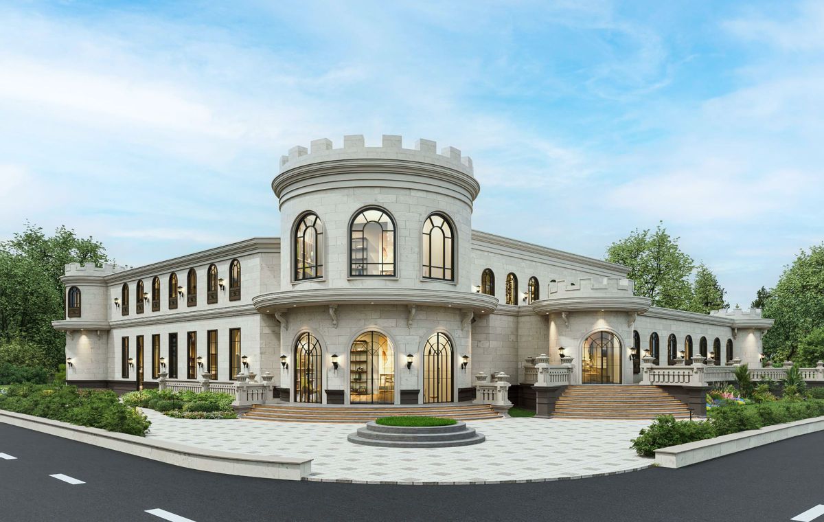 Shul with a domed tower and arched windows
